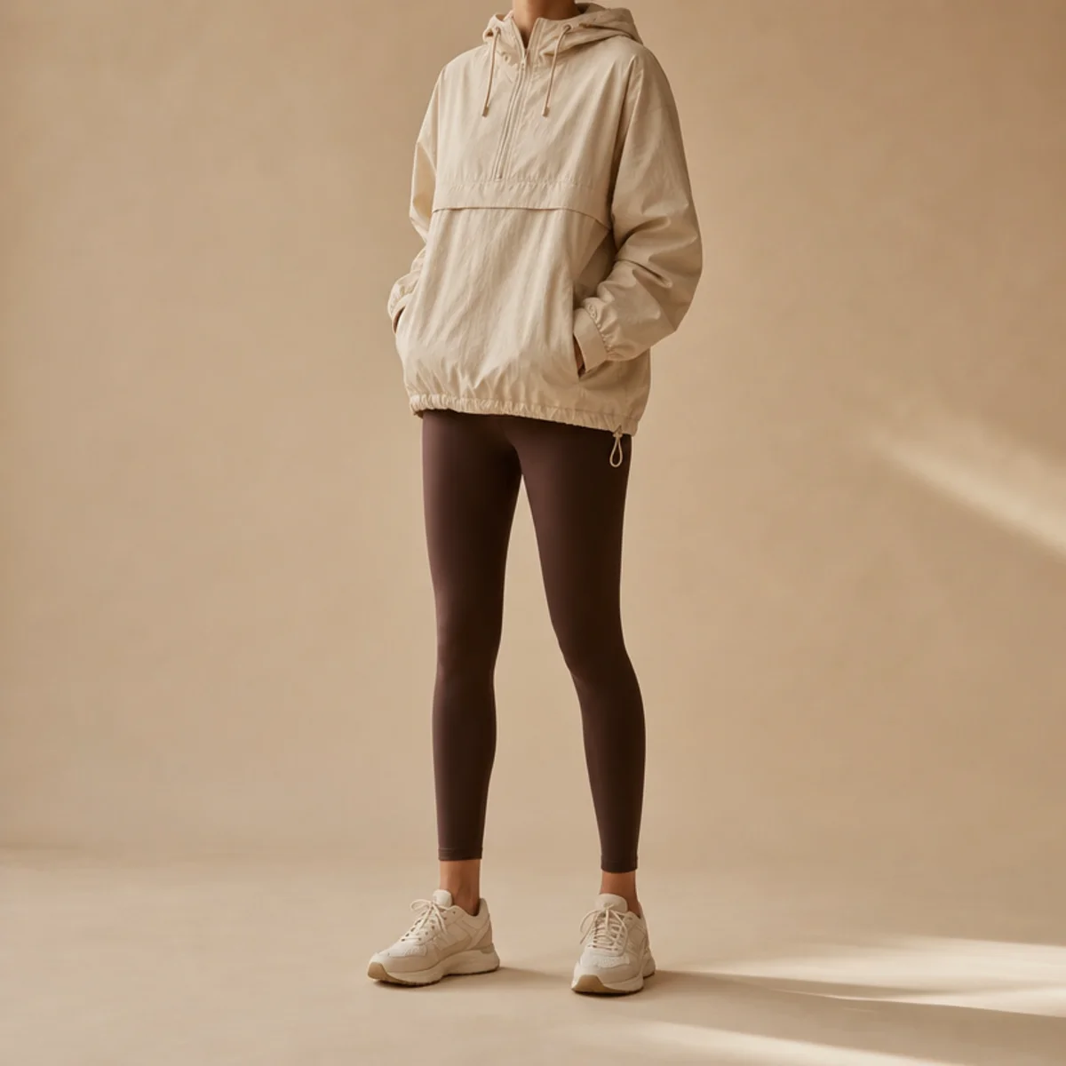 Faceless full-length shot of a hooded anorak over leggings with sneakers