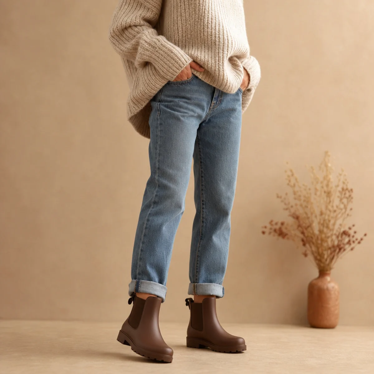 Faceless full-length shot of a chunky knit with jeans and short rain boots