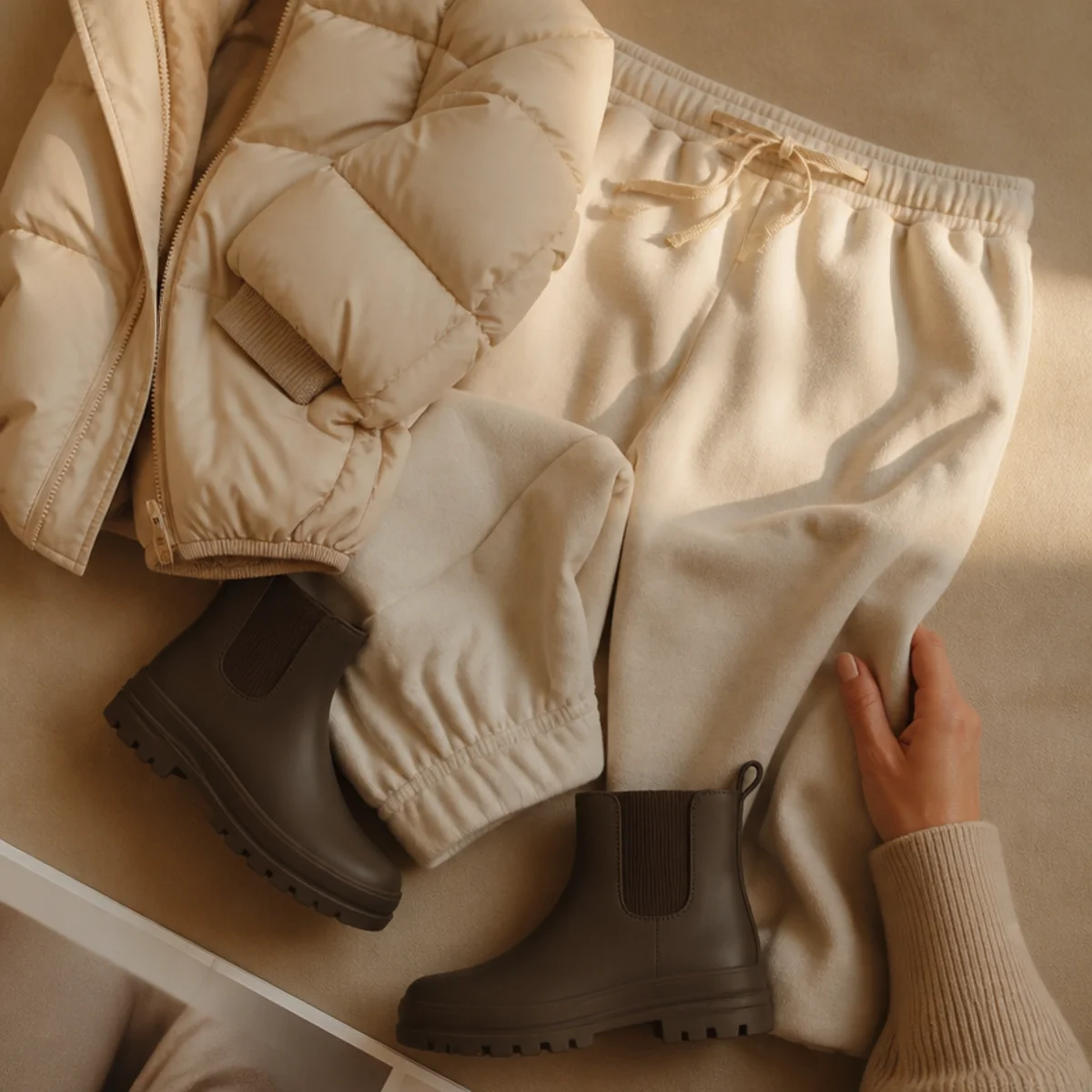 Faceless full-length shot of a puffer over joggers with short rain boots