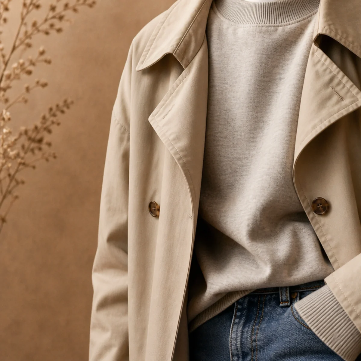 Faceless waist-up shot of a sweatshirt under a trench with jeans and sneakers