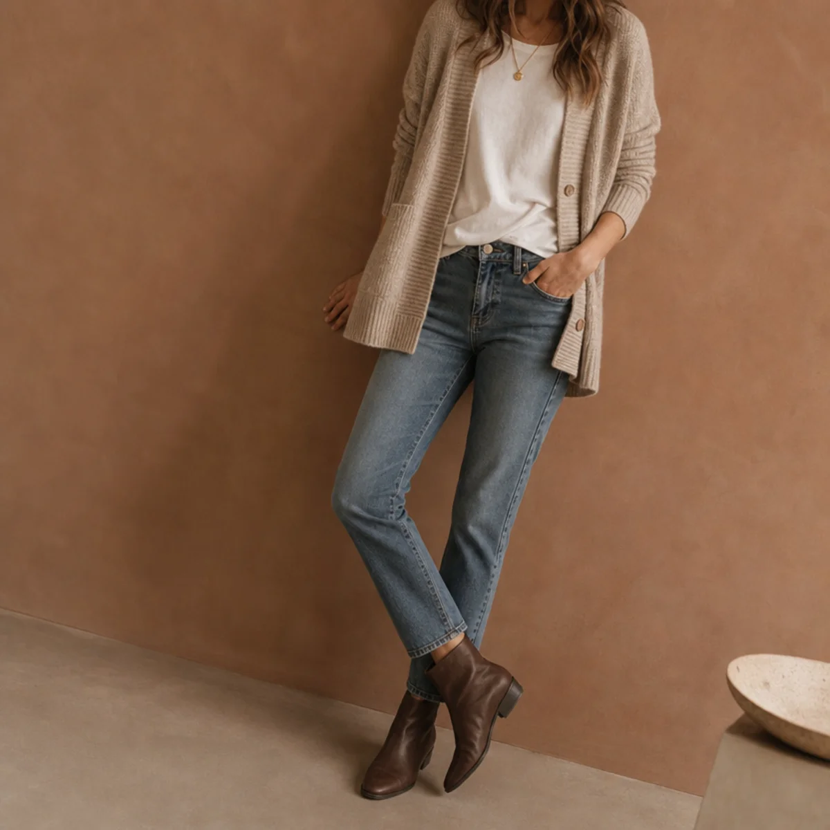 Faceless waist-up shot of an open cardigan over a tee with jeans and ankle boots