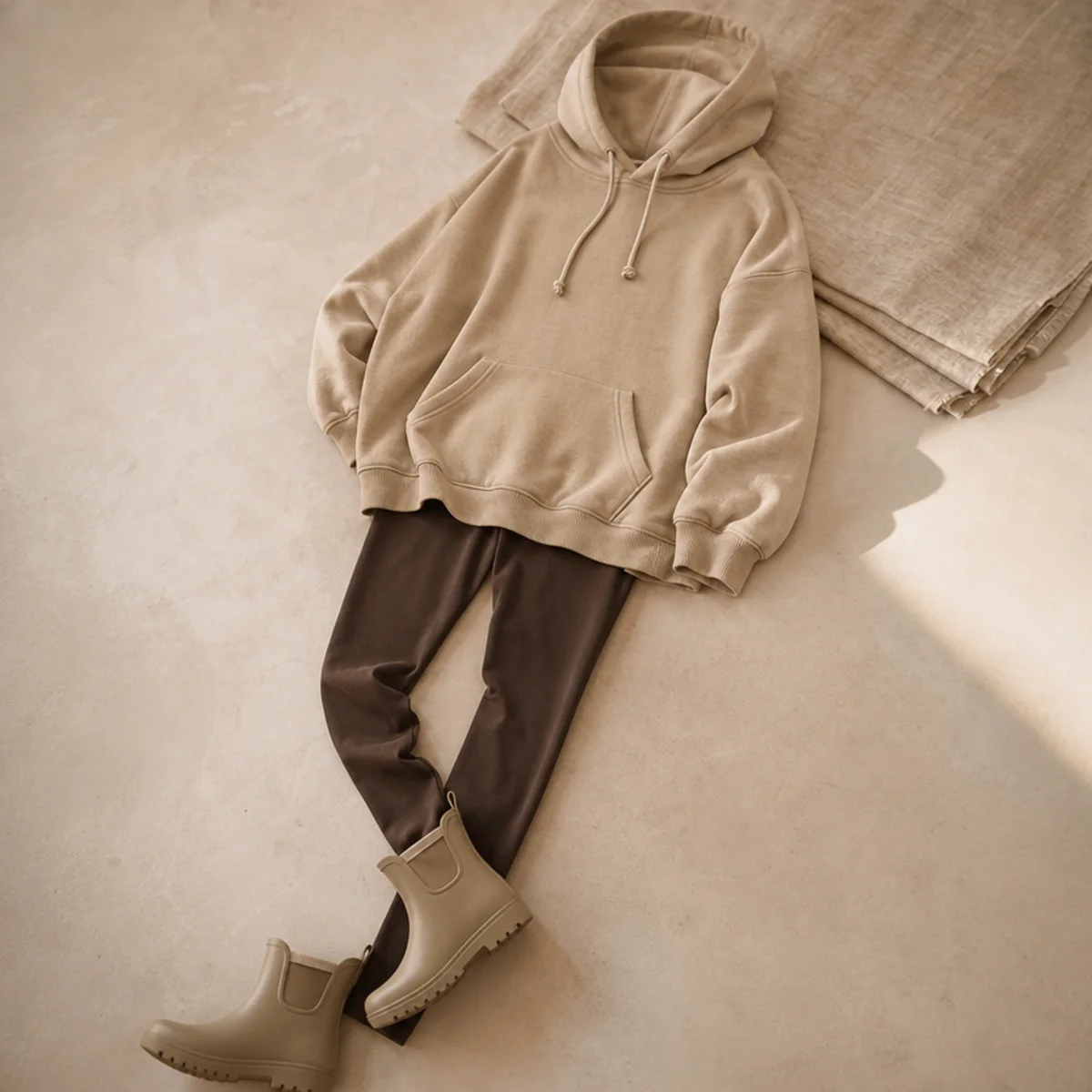Faceless full-length shot of an oversized hoodie with leggings and short rain boots