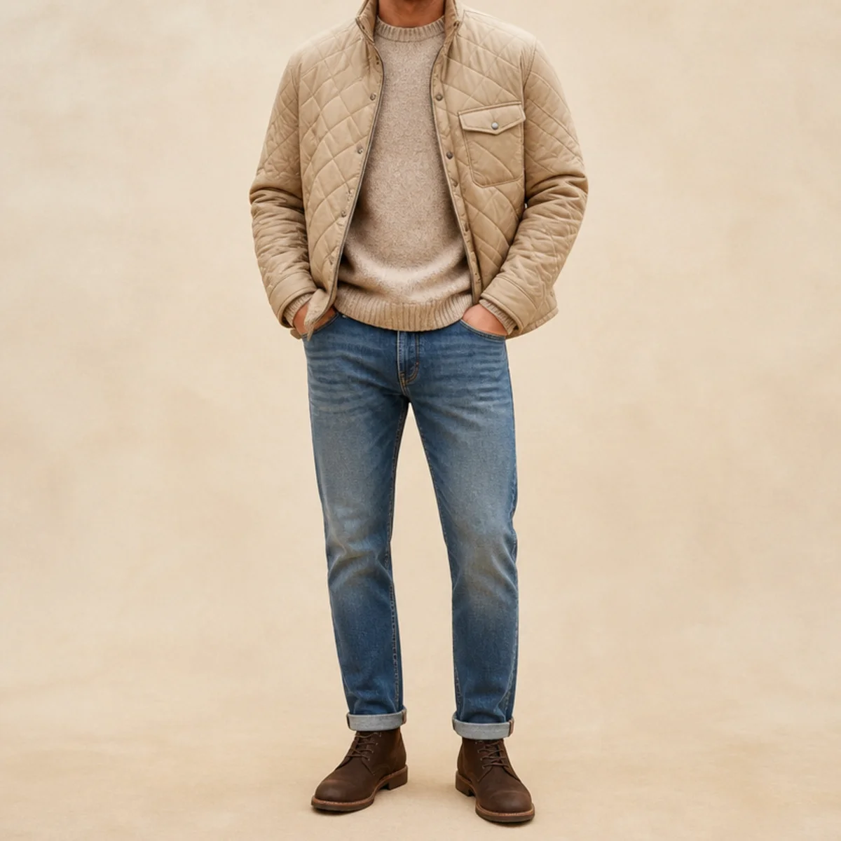 Faceless waist-up shot of a quilted jacket over a knit with jeans and boots