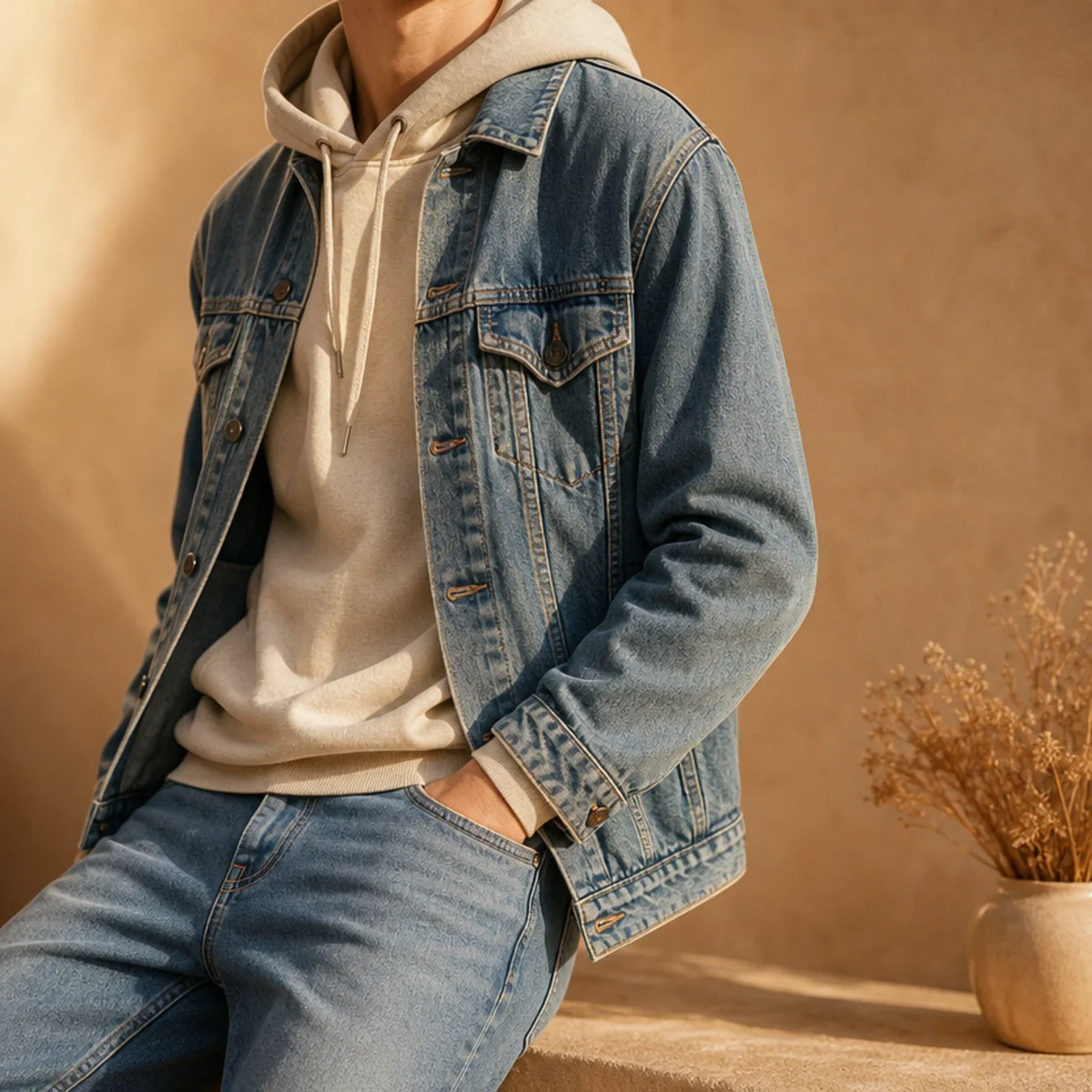 Faceless waist-up shot of a denim jacket over a hoodie with jeans for a light rainy day