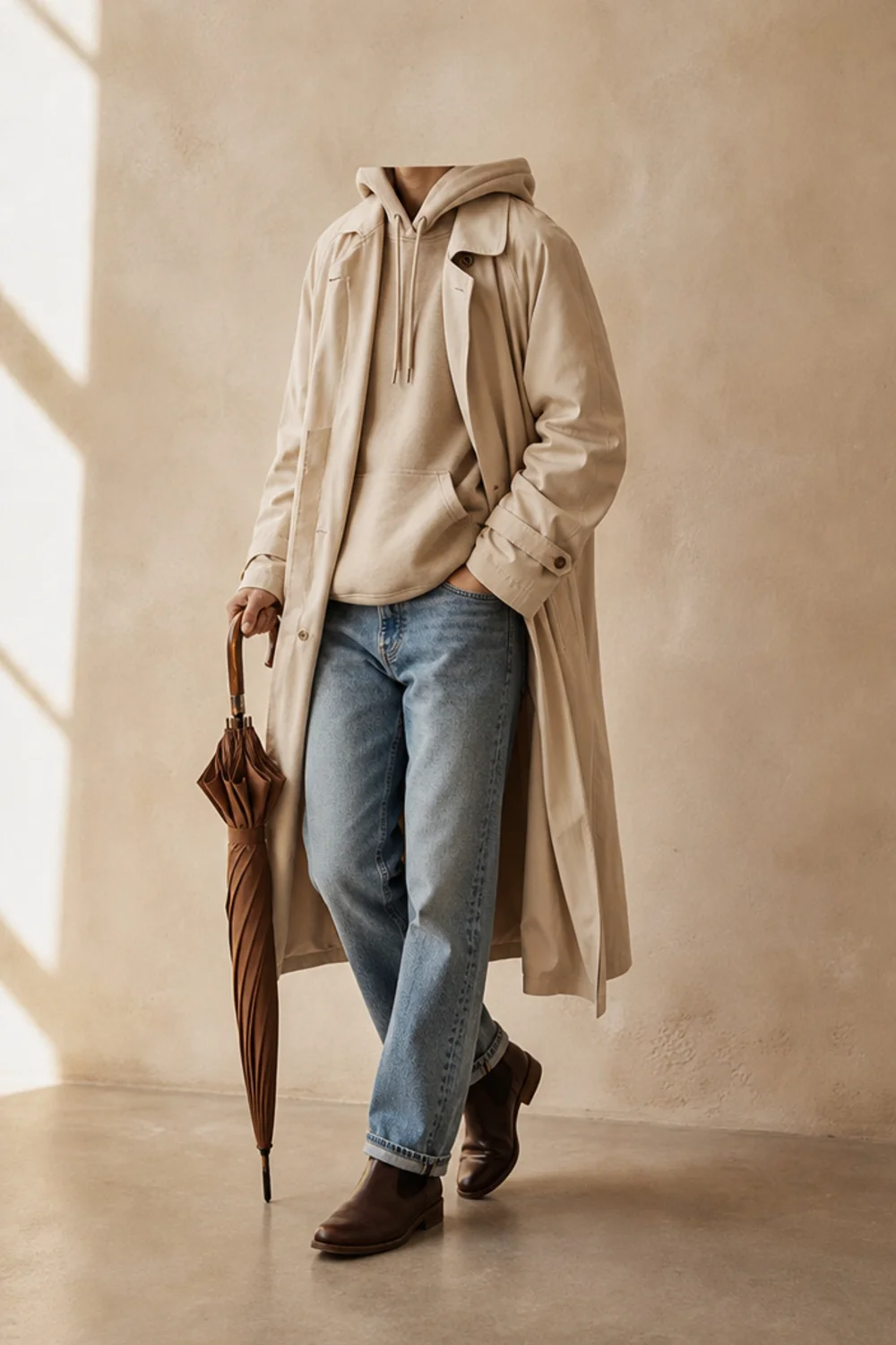 Faceless casual rainy day outfit with a hoodie, trench and boots