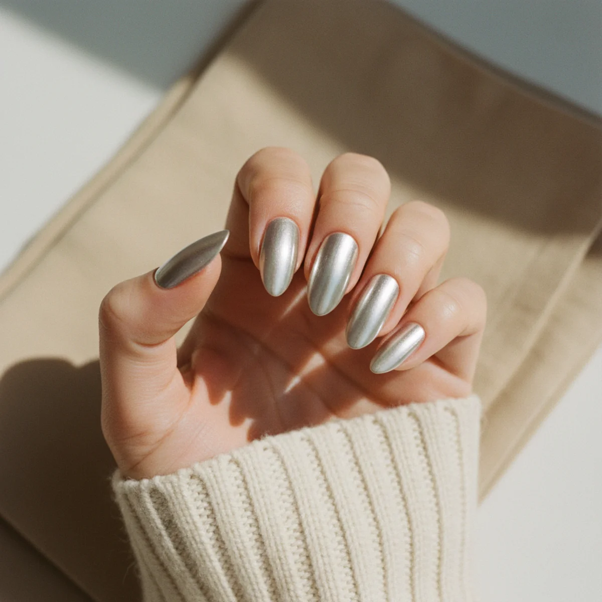 Almond nails with a high-gloss silver pearl chrome finish on a cream knit surface