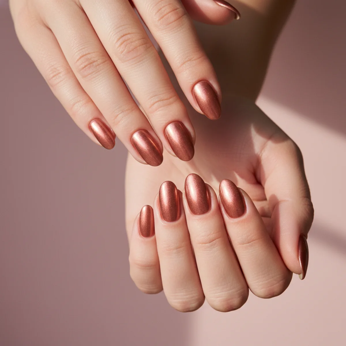 Short almond nails with a warm rose-gold chrome finish on a soft pink background
