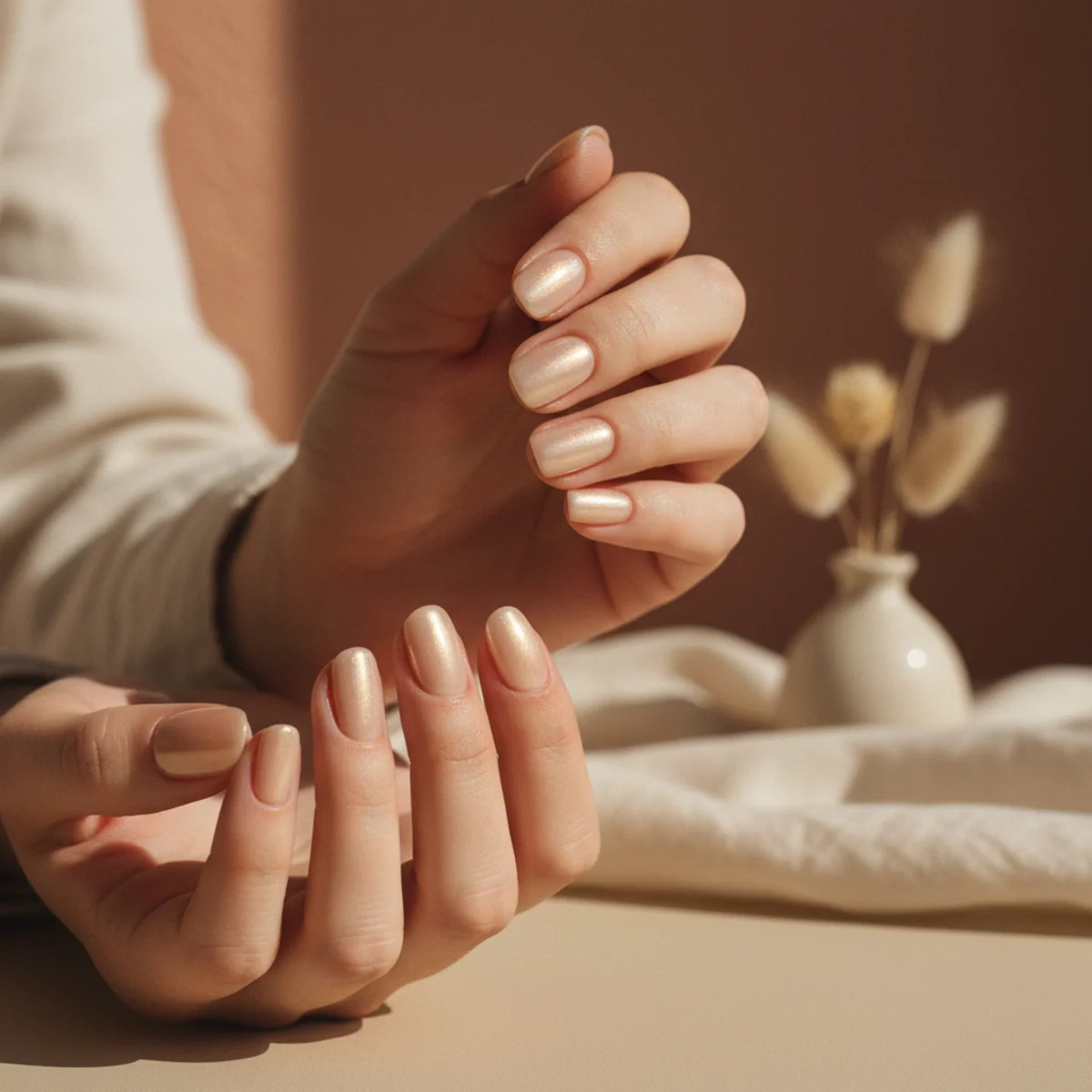 Rounded nails with a soft champagne gold glaze chrome over a sheer nude base