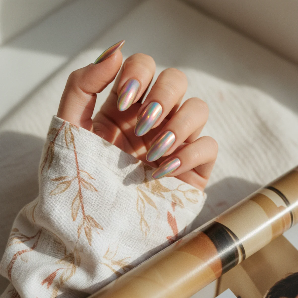 Almond nails with a vivid holographic rainbow chrome shifting in light on white cotton