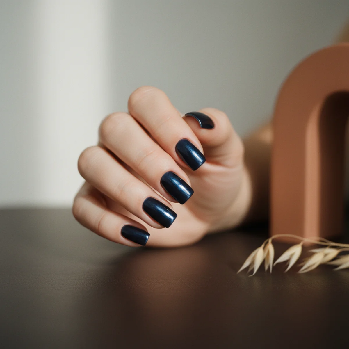 Short square nails with a deep midnight blue-black chrome finish on a dark surface