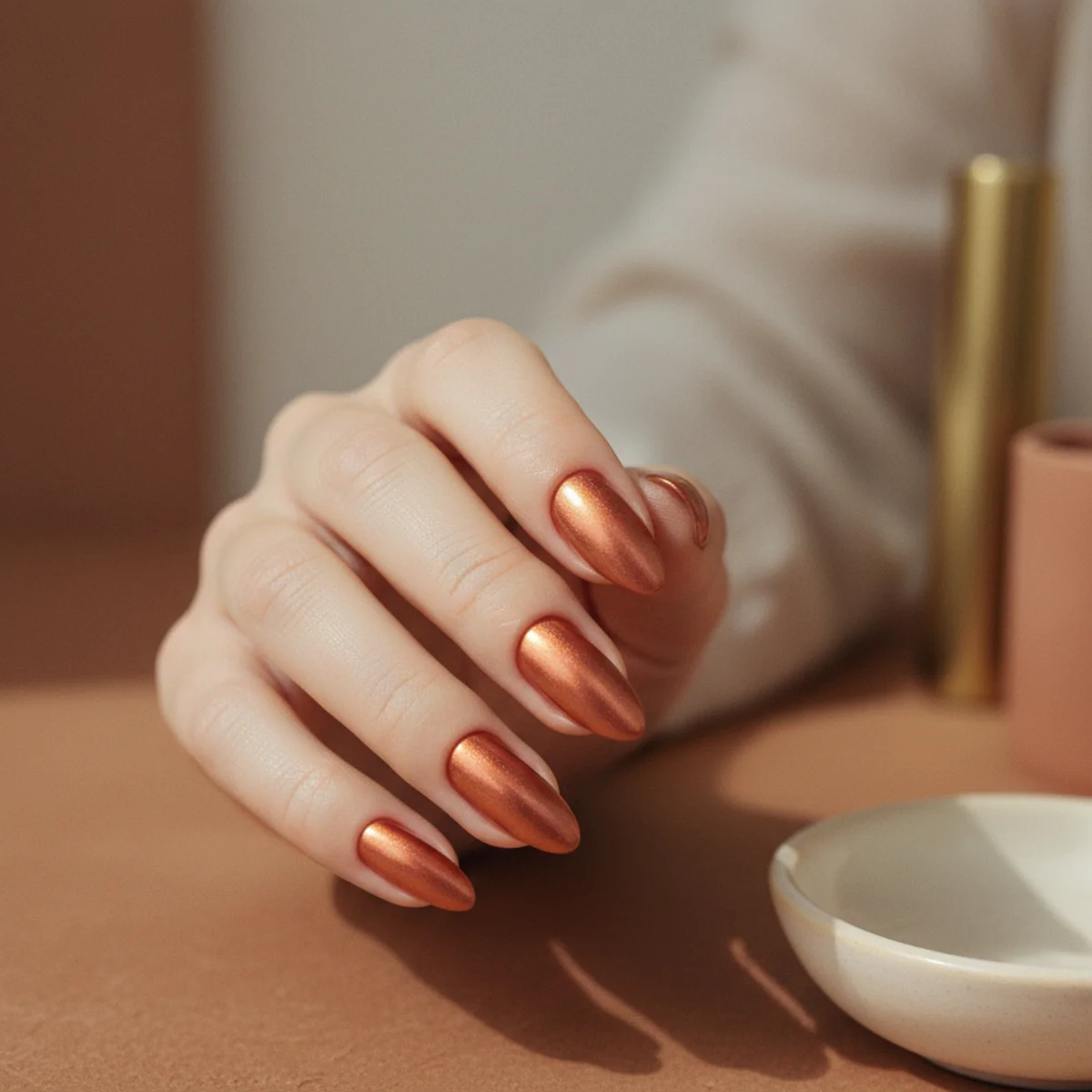 Almond nails with a burnished warm copper chrome finish on a warm brown surface