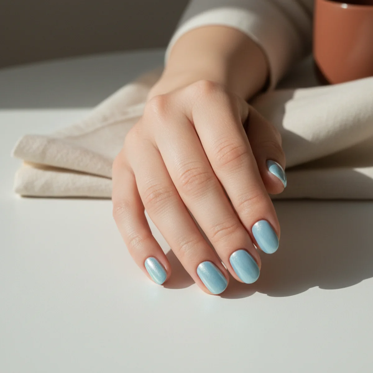 Short rounded nails with an icy pale blue chrome finish on a cool white surface