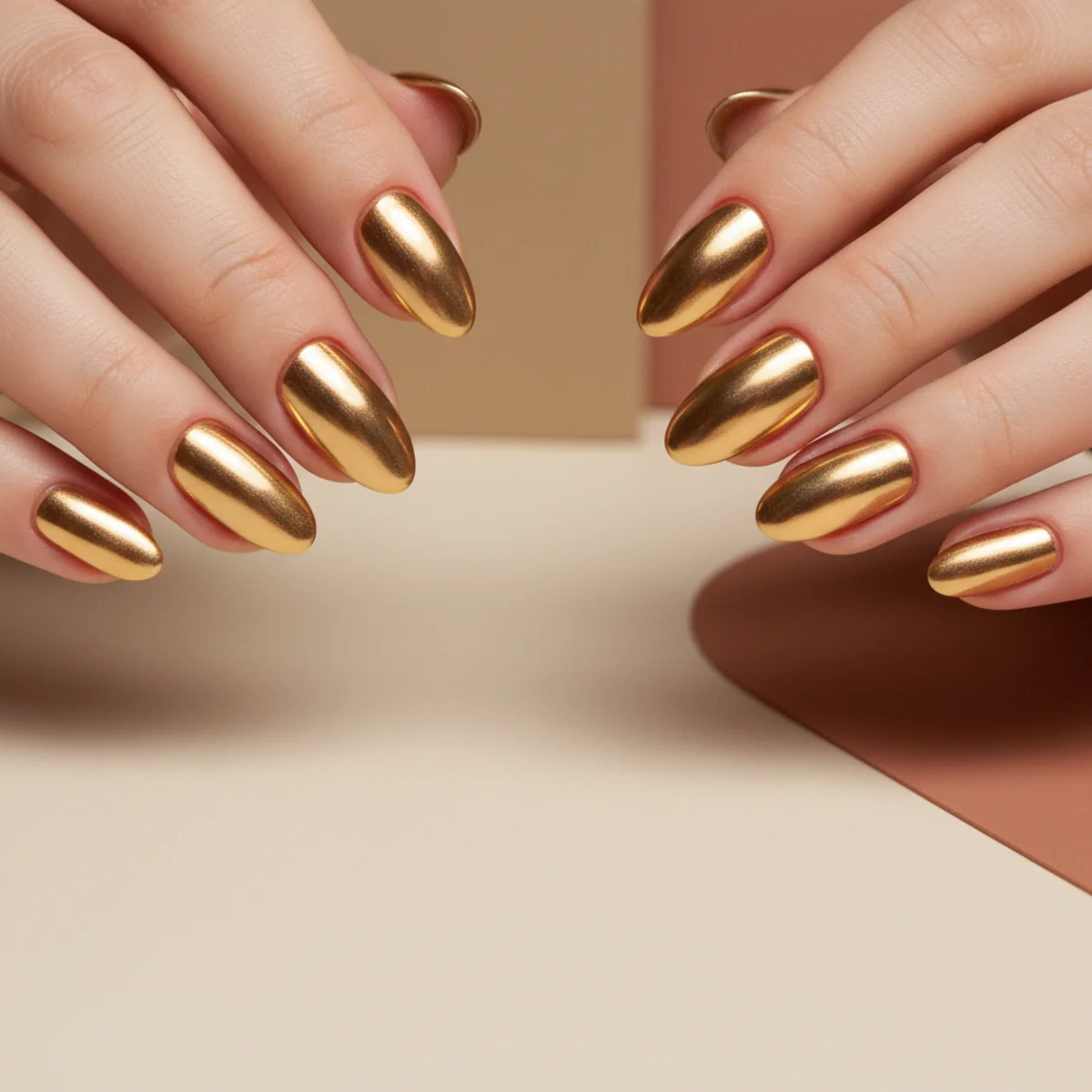 Almond nails with a high-shine full gold chrome on a warm cream background