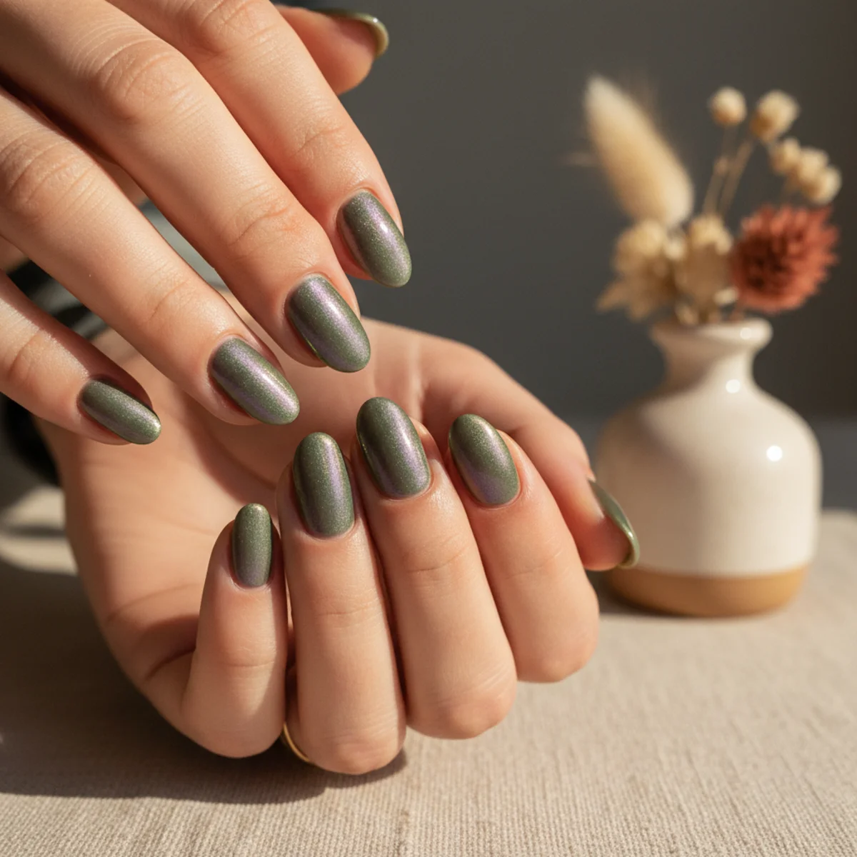Oval nails with a shifting duochrome finish cycling green to purple in different light
