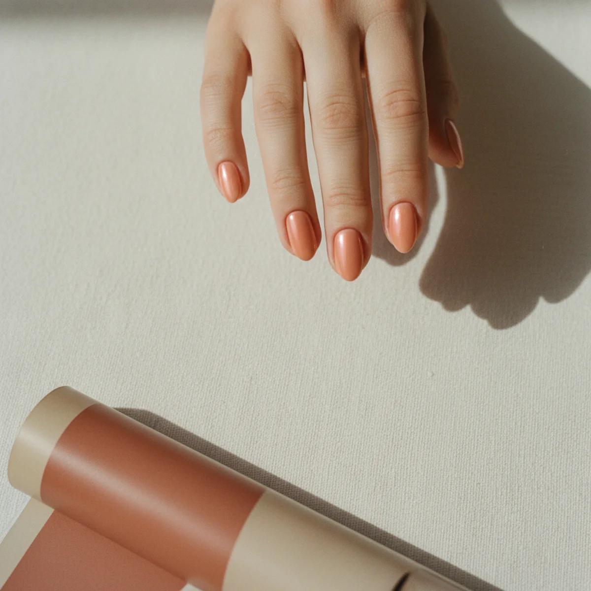 Short almond nails with a soft warm peach pearl chrome on a cream linen surface