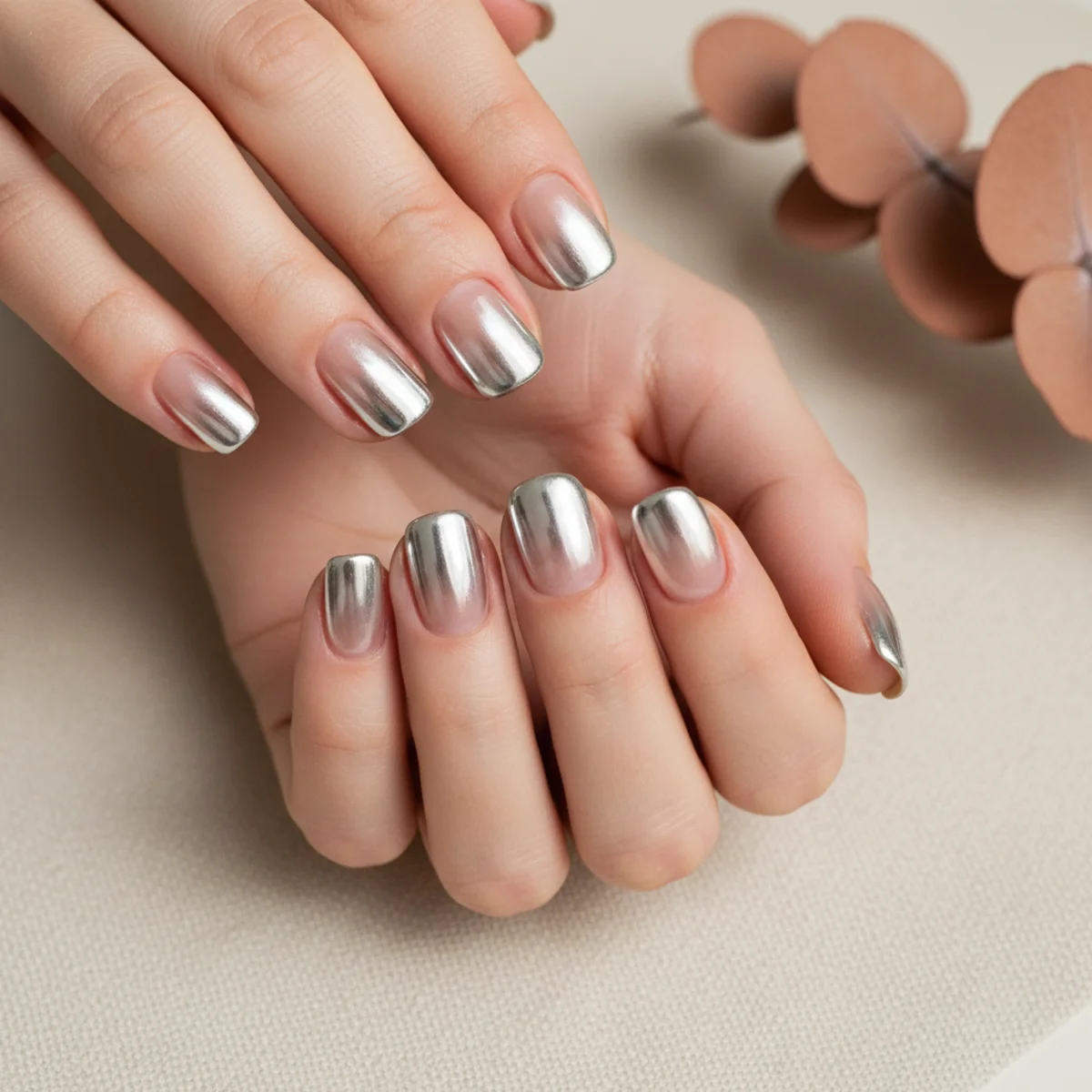 Rounded nails with a sheer nude base and a precise silver chrome French tip