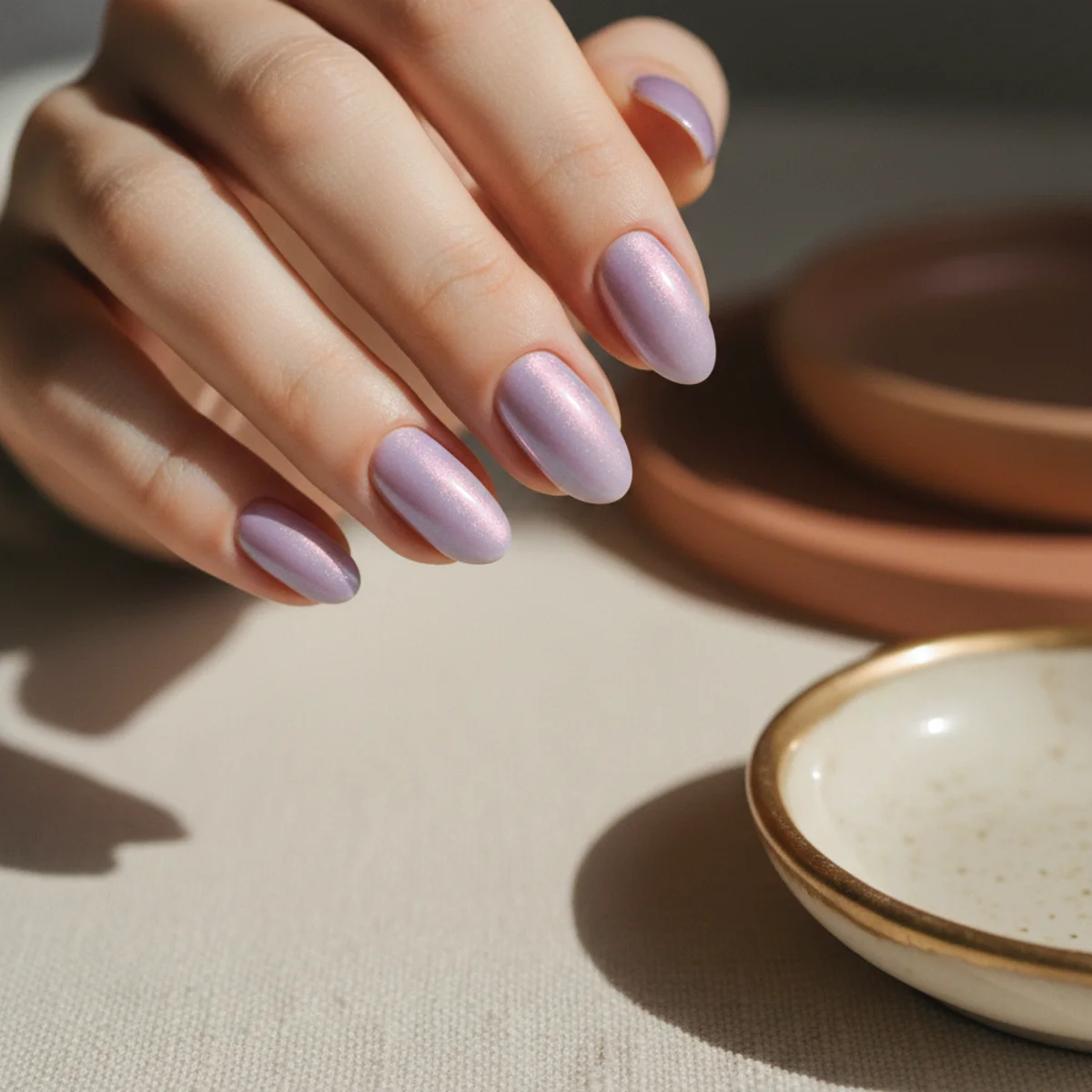 Short almond nails with a soft lavender chrome powder over a pale purple base