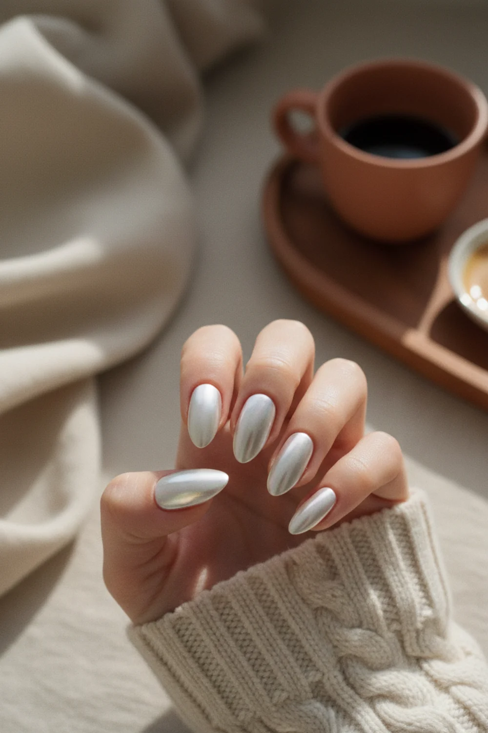 Almond nails with a silver pearl chrome glazed finish resting on cream knit