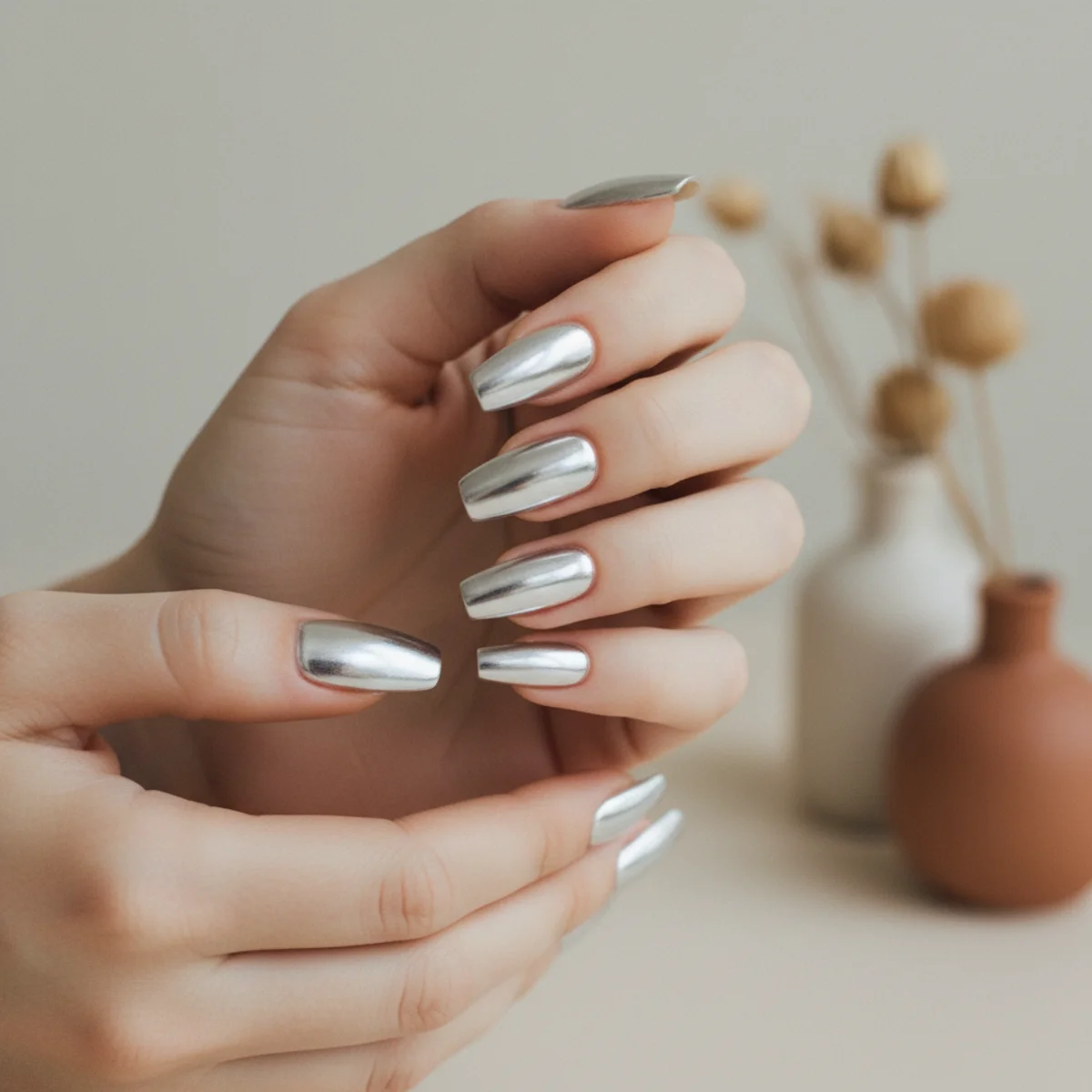 Medium coffin nails with a silver pearl chrome finish on a cream background