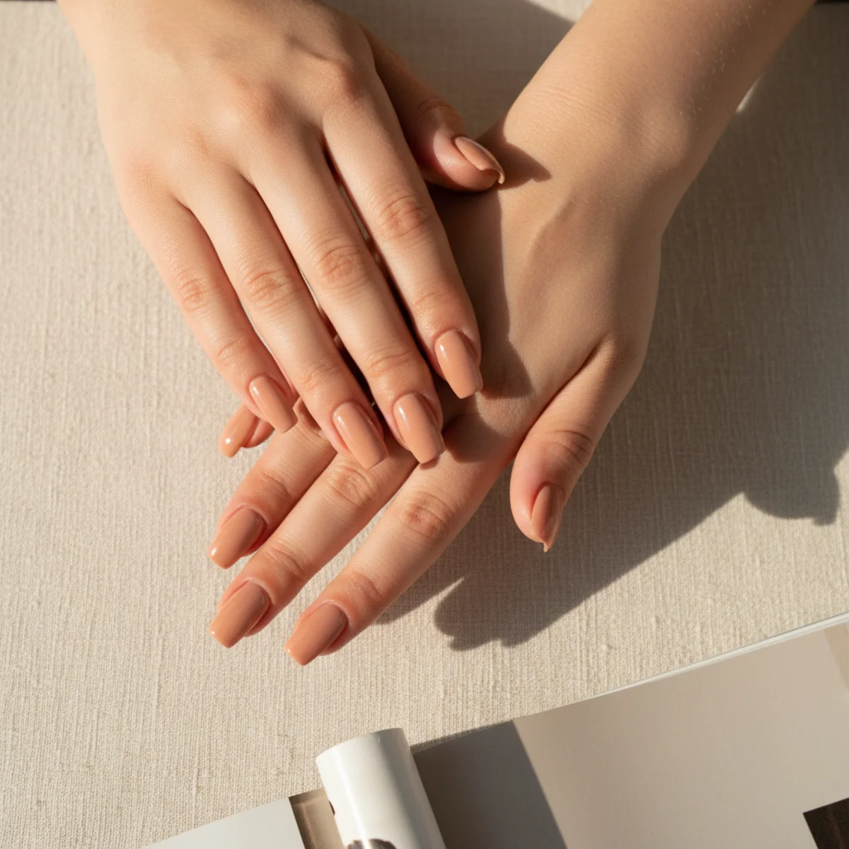 Short coffin nails in a clean warm nude creme on a cream linen surface