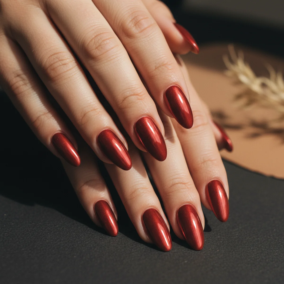 Almond-coffin nails with a vivid red chrome metallic finish on a dark surface