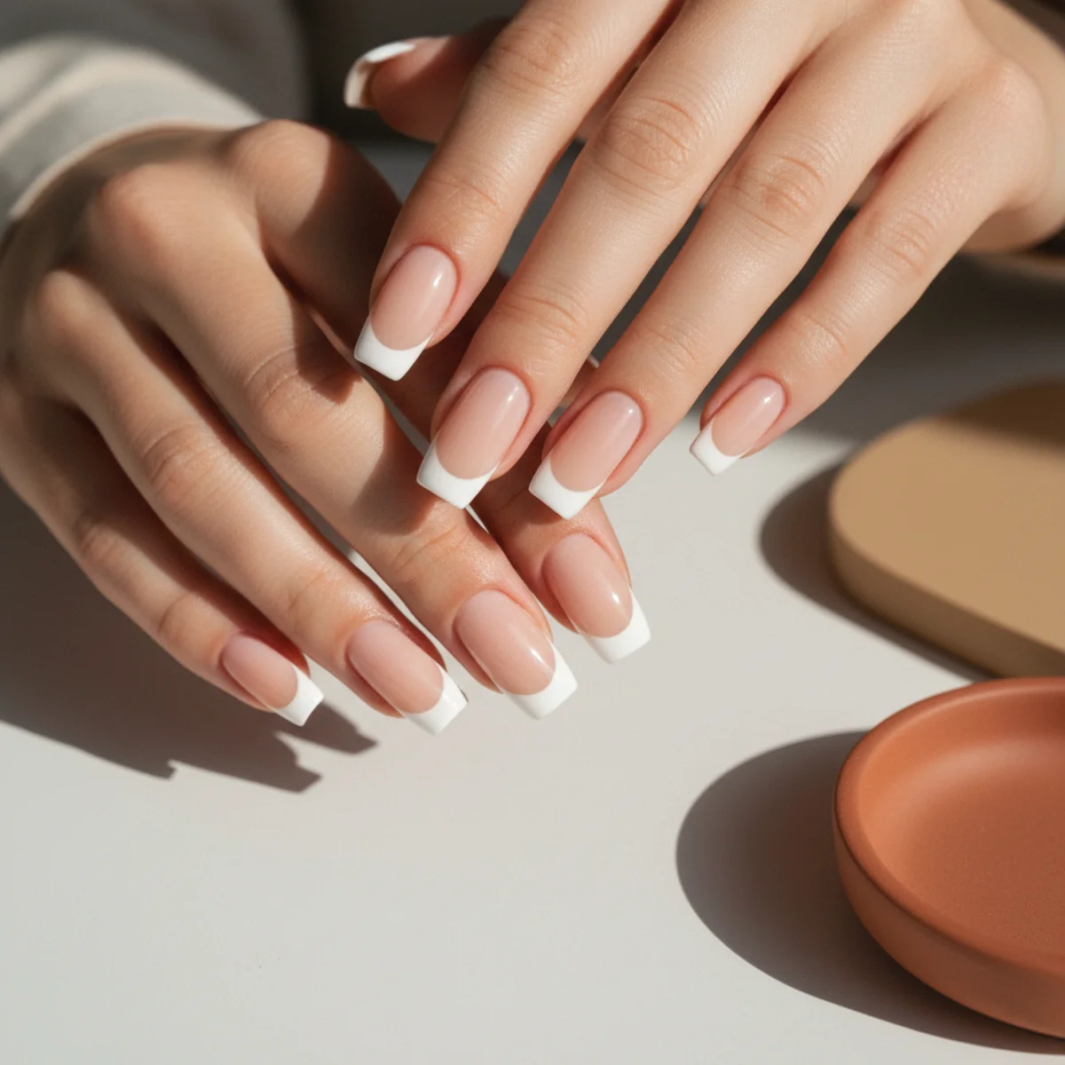 Medium coffin nails with a classic French manicure nude base and clean white flat tip