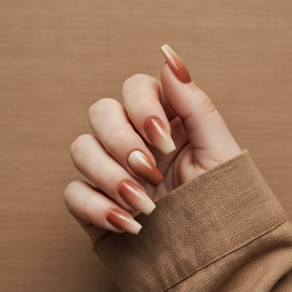 Medium coffin nails with a warm glazed cappuccino chrome finish on a warm brown linen