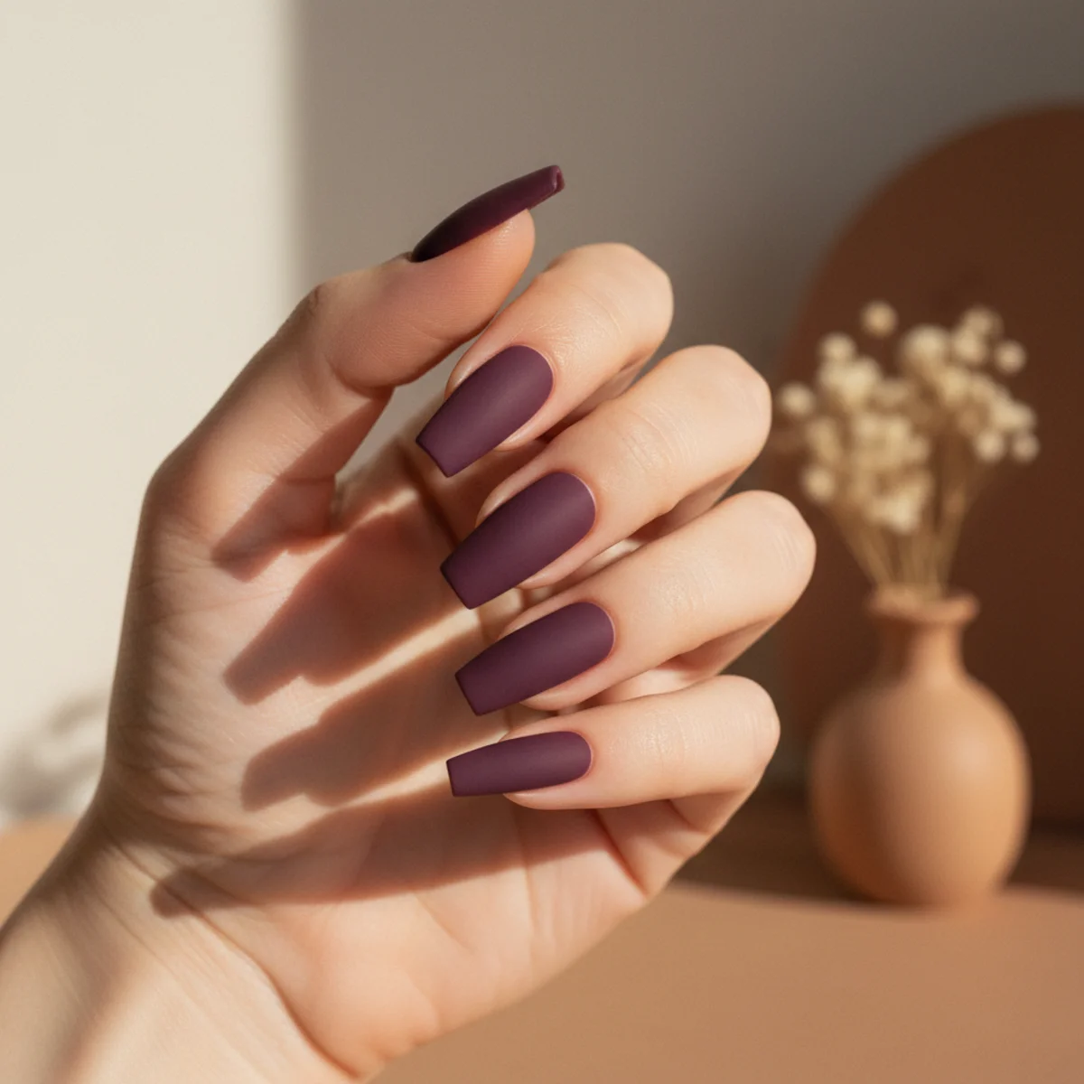 Long coffin nails in a deep rich plum with a matte suede-like finish
