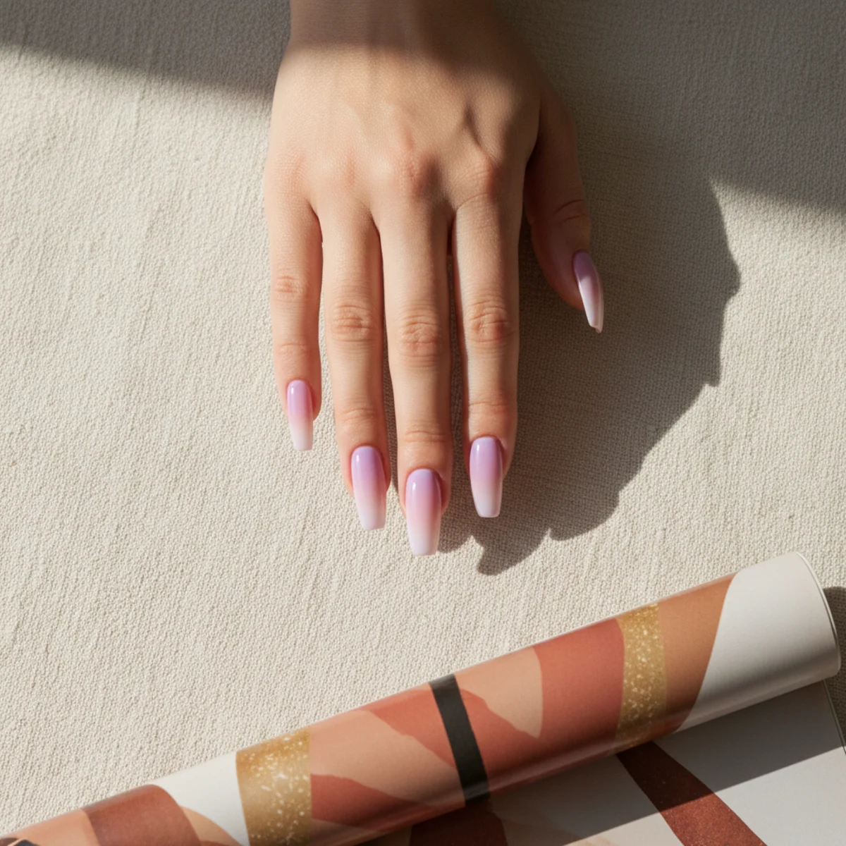 Long coffin nails with a soft pastel purple-to-pink ombre gradient and gloss finish