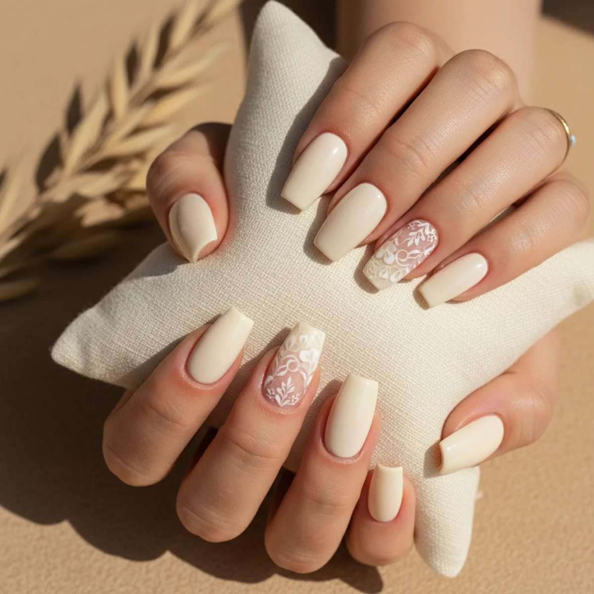 Medium coffin nails in a creamy ivory with delicate hand-painted lace detail on the accent nail