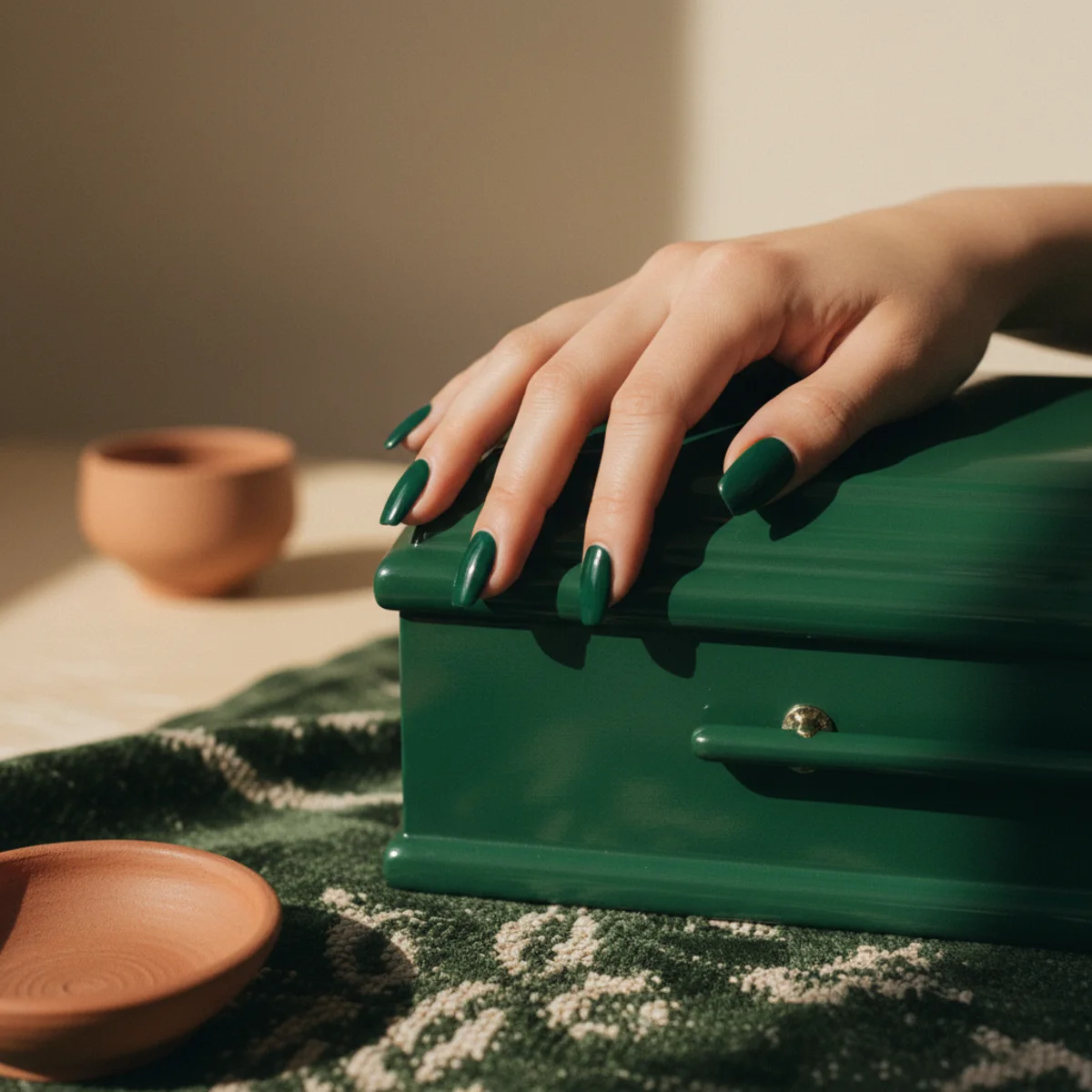 Short coffin nails in a deep glossy forest green on a dark green fabric