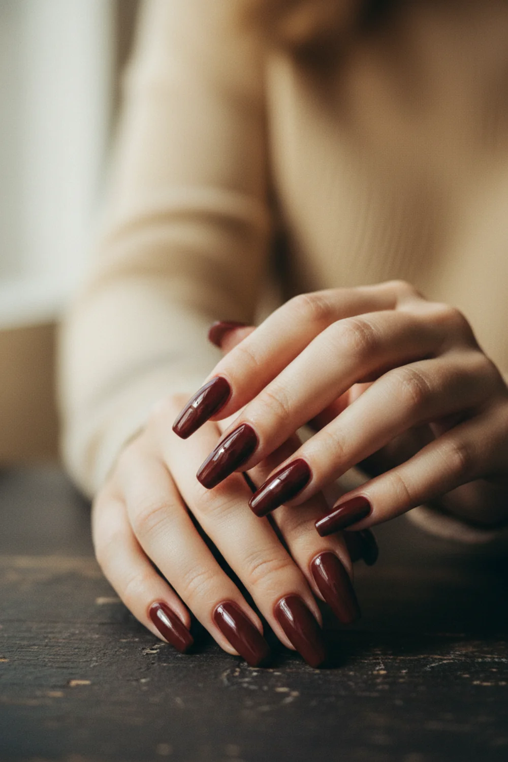 Long coffin nails in deep glossy burgundy resting on a dark textured surface