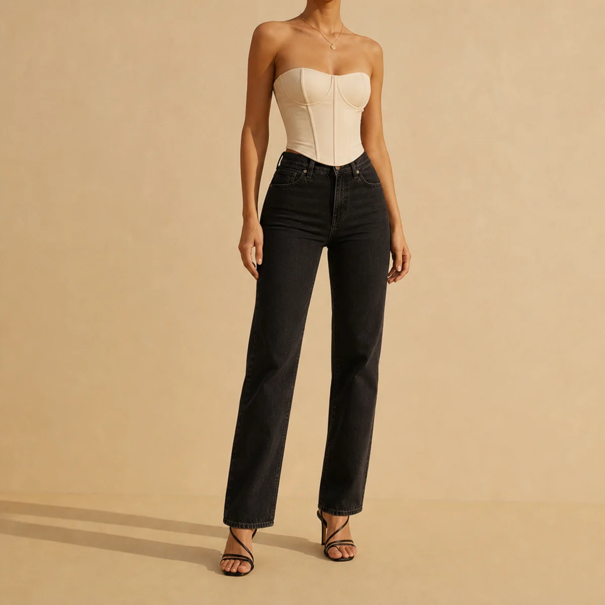 Faceless waist-up shot of a corset top with dark jeans and strappy heels for date night