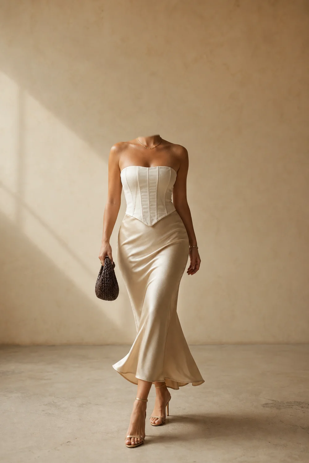 Faceless corset date night outfit with a satin skirt and heels