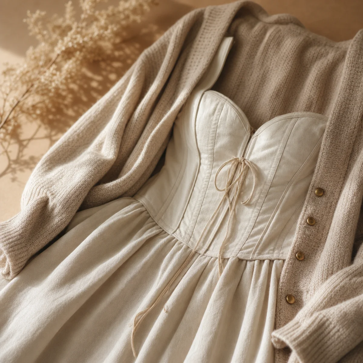 Faceless full-length shot of a corset dress with an open cardigan and flats