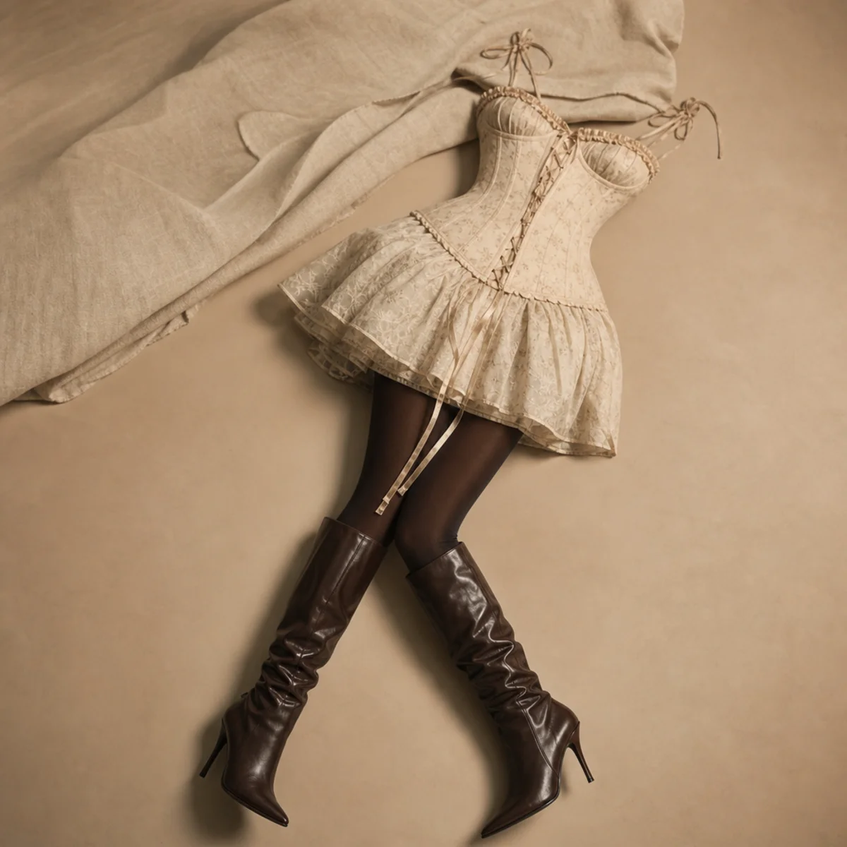 Faceless full-length shot of a corset dress with opaque tights and tall boots