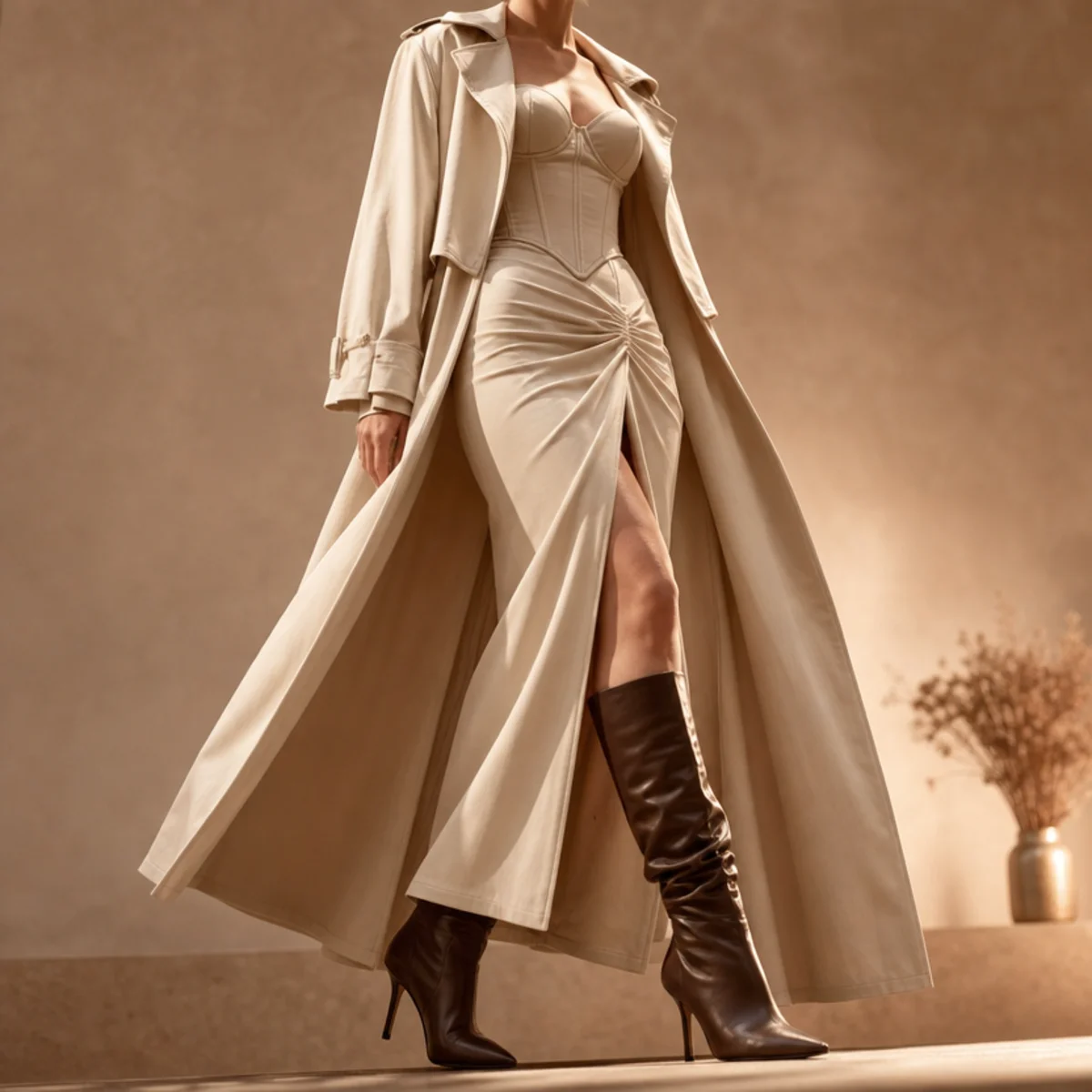 Faceless full-length shot of a corset dress under an open trench with heeled boots
