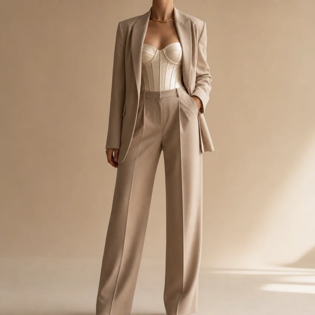 Faceless waist-up shot of a corset top under a blazer with tailored trousers for fall