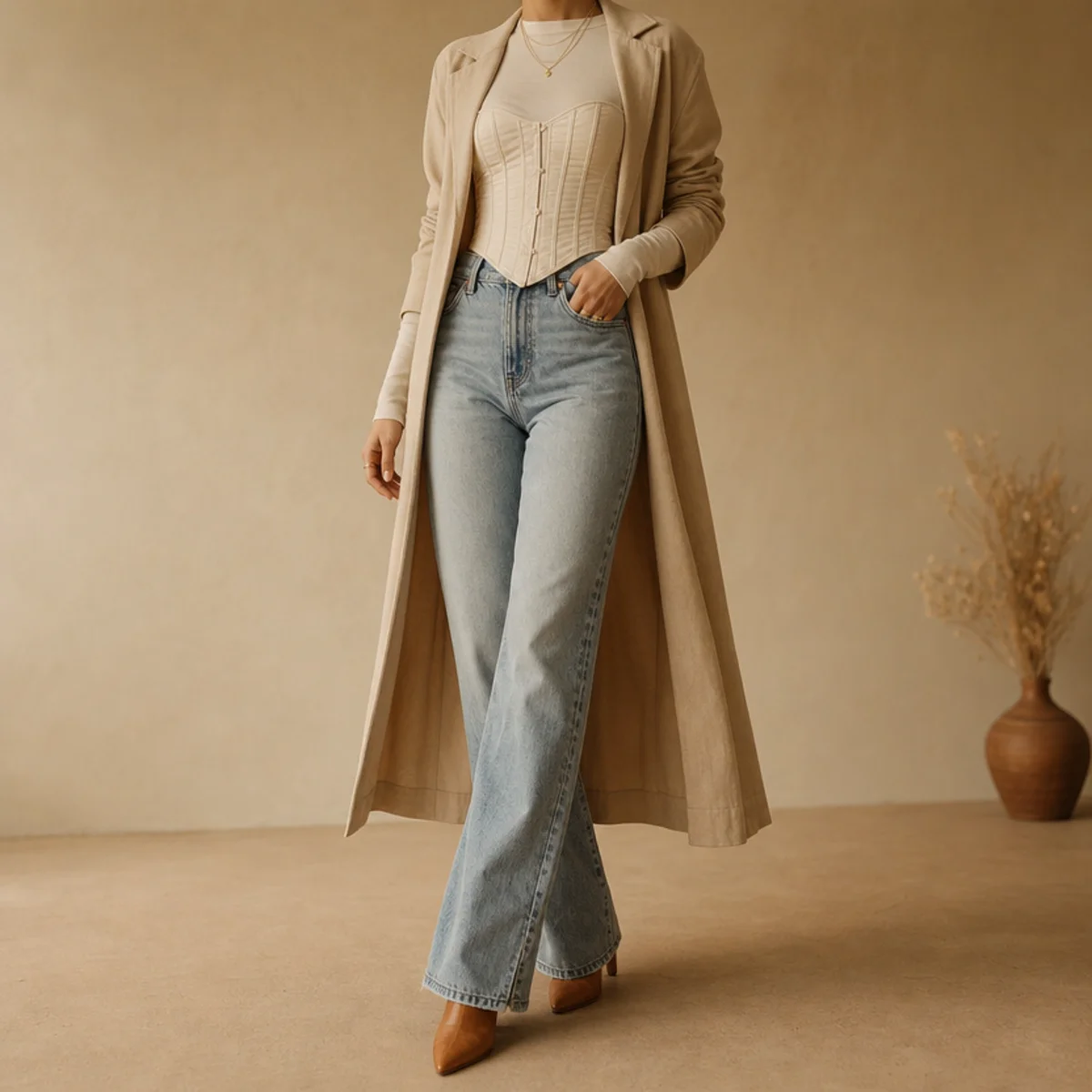 Faceless full-length shot of a corset top over a long-sleeve under a long coat with jeans