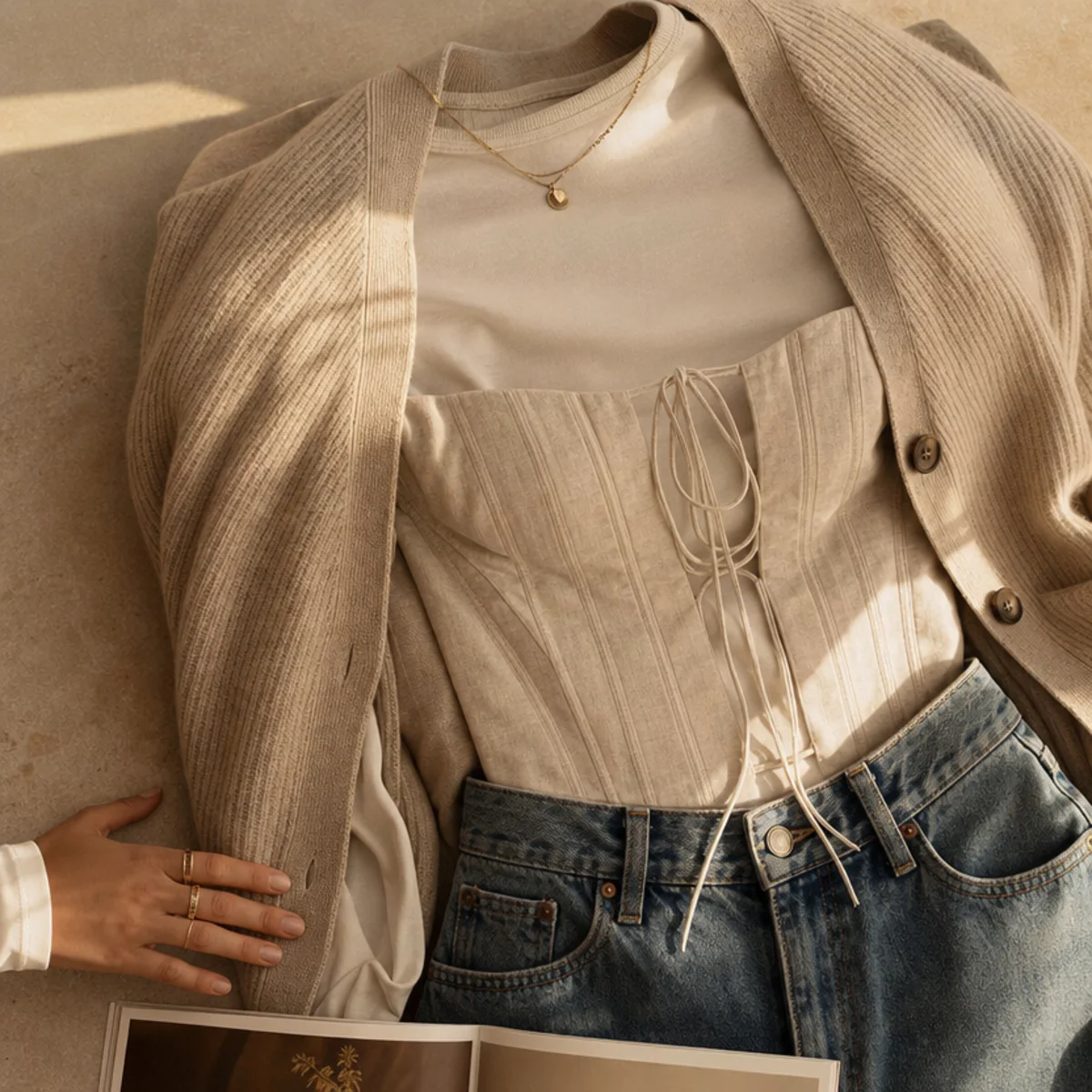 Faceless waist-up shot of a corset top over a long-sleeve under an open cardigan with jeans