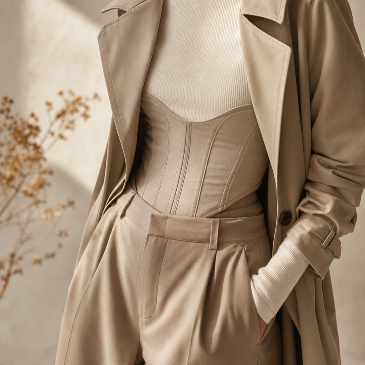 Faceless full-length shot of a corset top over a long-sleeve under a trench with trousers