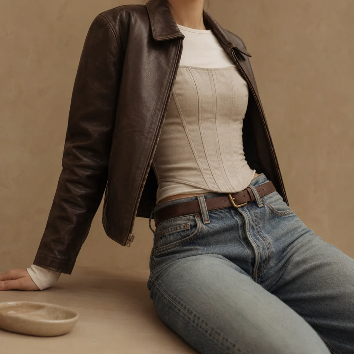 Faceless waist-up shot of a corset top over a long-sleeve under a leather jacket with jeans