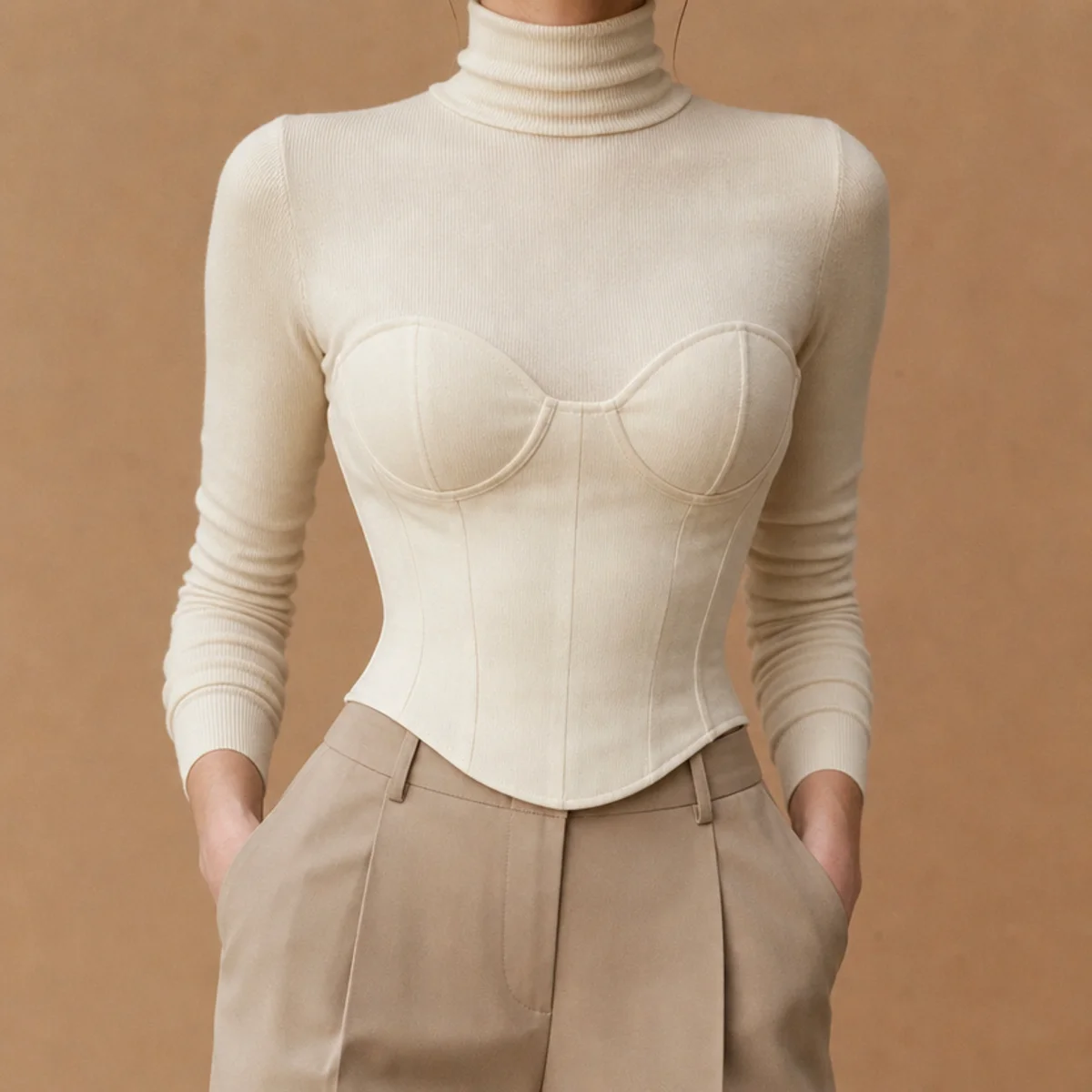 Faceless waist-up shot of a corset top worn over a fitted turtleneck with trousers