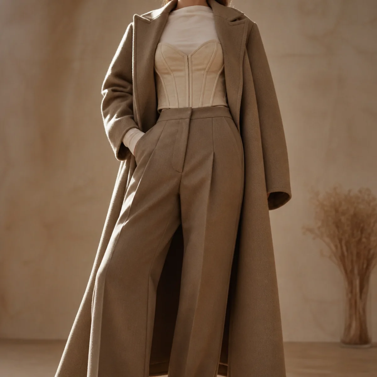 Faceless full-length shot of a corset top over a long-sleeve under a wool coat with trousers