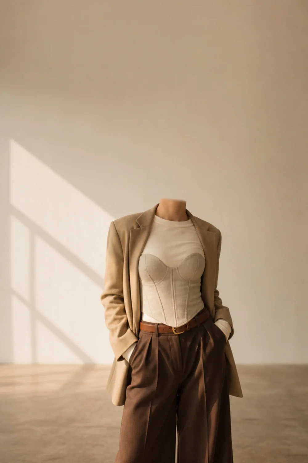 Faceless corset fall layering outfit with a corset over a long-sleeve and a coat