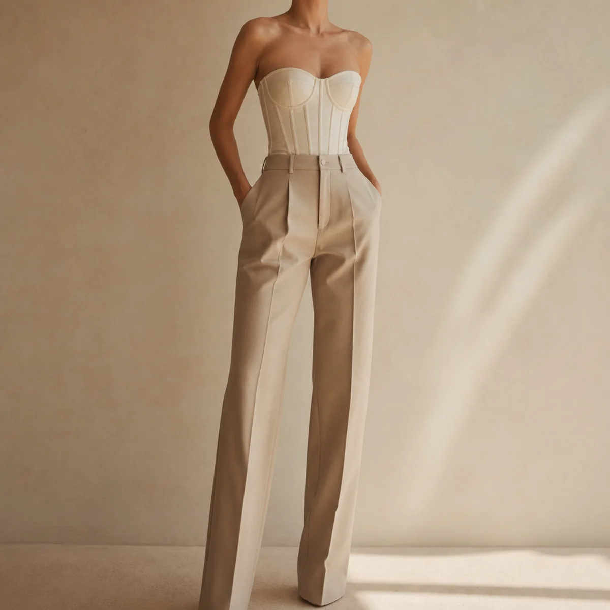 Faceless waist-up shot of a structured corset top with high-waisted tailored trousers