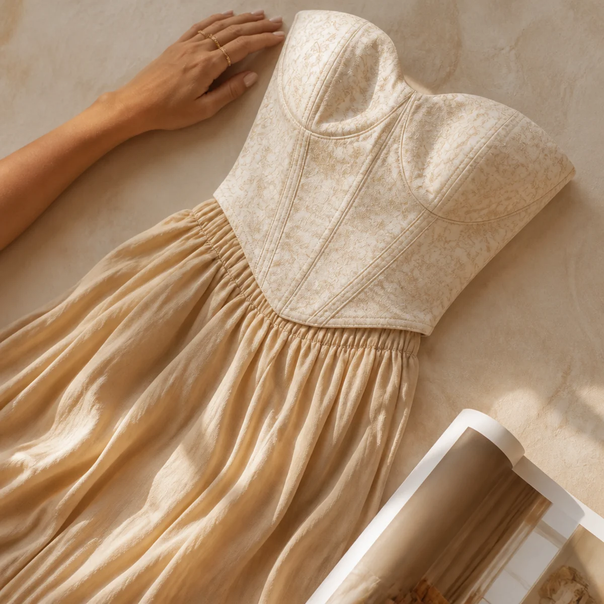 Faceless full-length shot of a corset top with a flowing maxi skirt