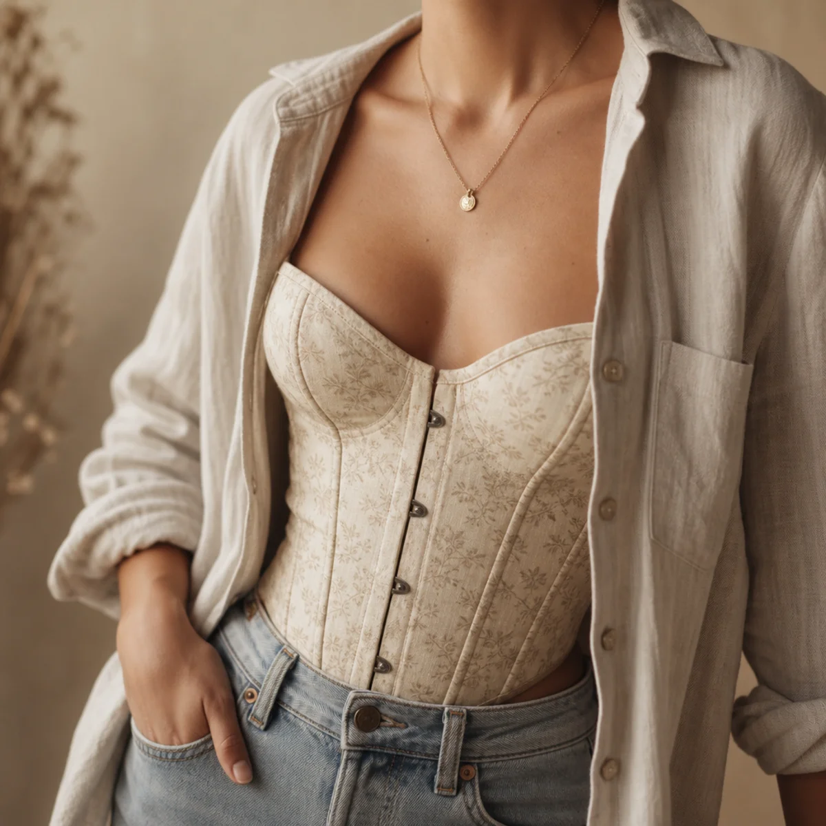 Faceless waist-up shot of a corset top under an open button-down shirt with jeans