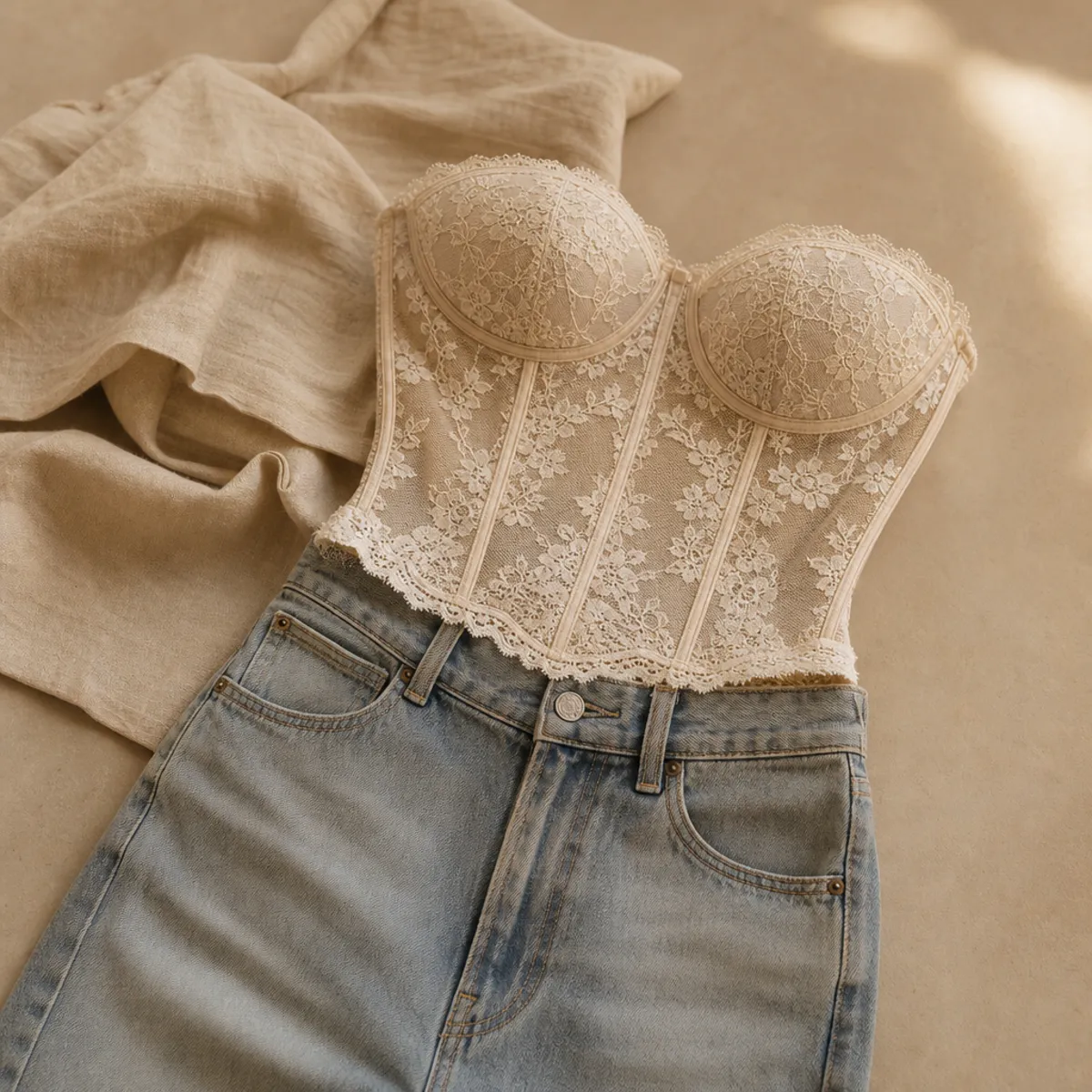 Faceless waist-up shot of a delicate lace corset top with straight jeans