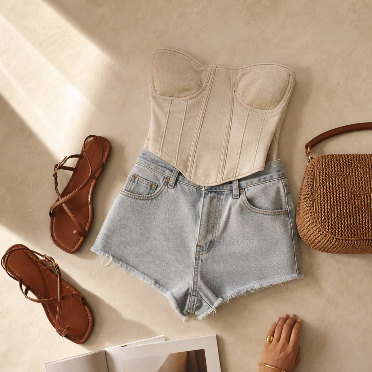 Faceless waist-up shot of a structured corset top with high-waisted denim shorts and sandals